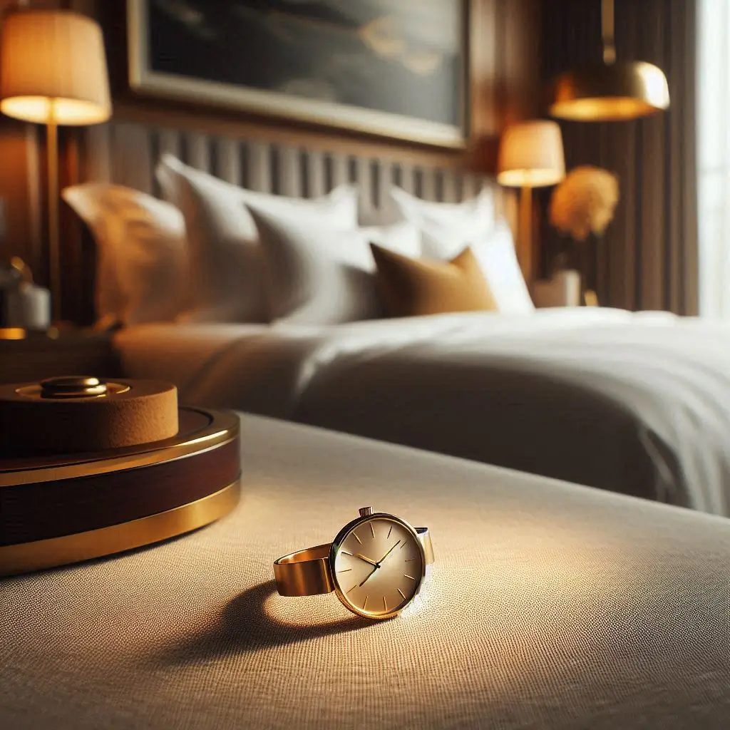 une bague montre simple en métal, couleur doré, posée dans un lit dans une chambre luxueuse