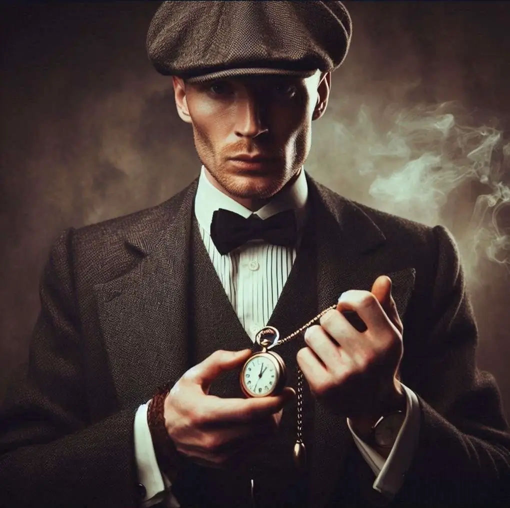 un homme ressemblant à un peaky blinders tenant une montre a gousset