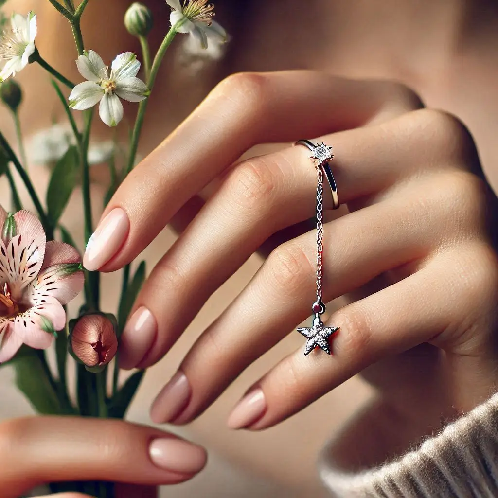 une femme portant une bague avec une petite chaîne et une étoile au bout.png