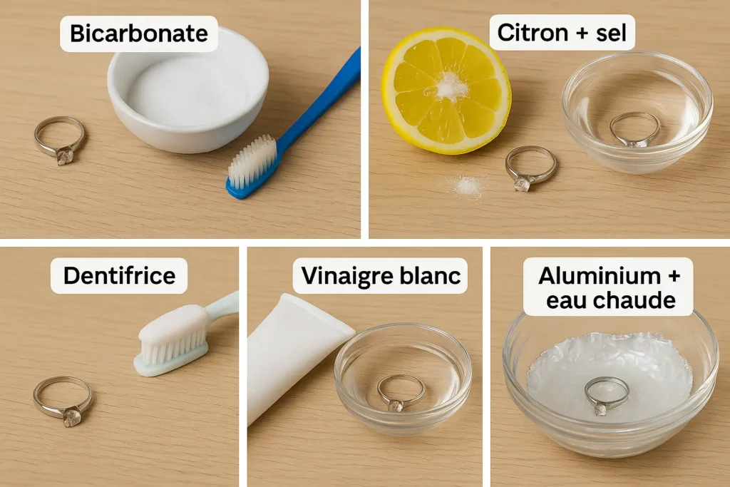 Méthodes naturelles pour nettoyer une bague en argent : bicarbonate, citron, vinaigre, dentifrice, aluminium