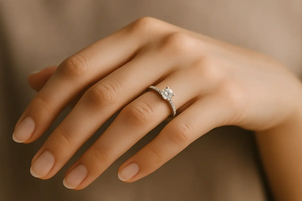 Bague de fiançailles portée à l’annulaire gauche – doigt traditionnel