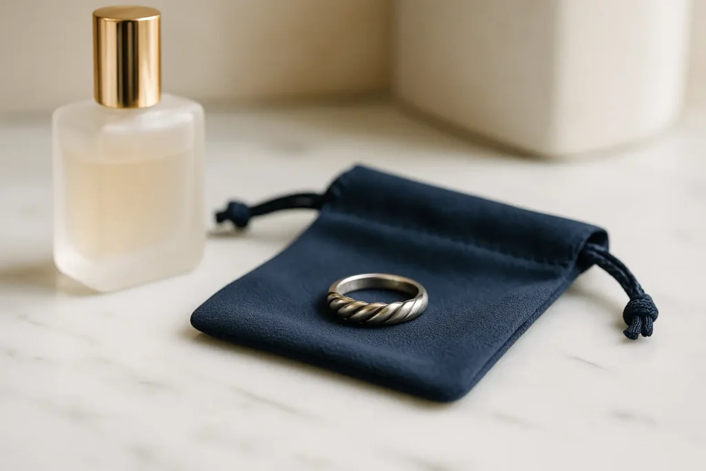 Bague en argent posée sur une pochette avec flacon de parfum, conseils d’entretien quotidien
