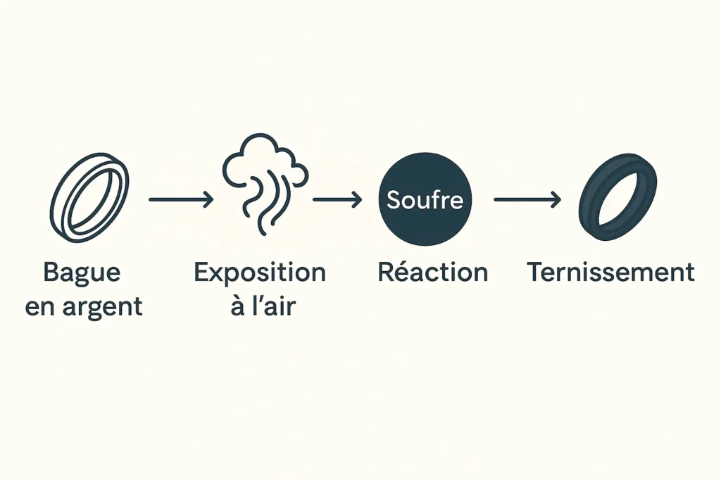 Infographie expliquant pourquoi l’argent noircit : exposition à l’air, réaction avec le soufre