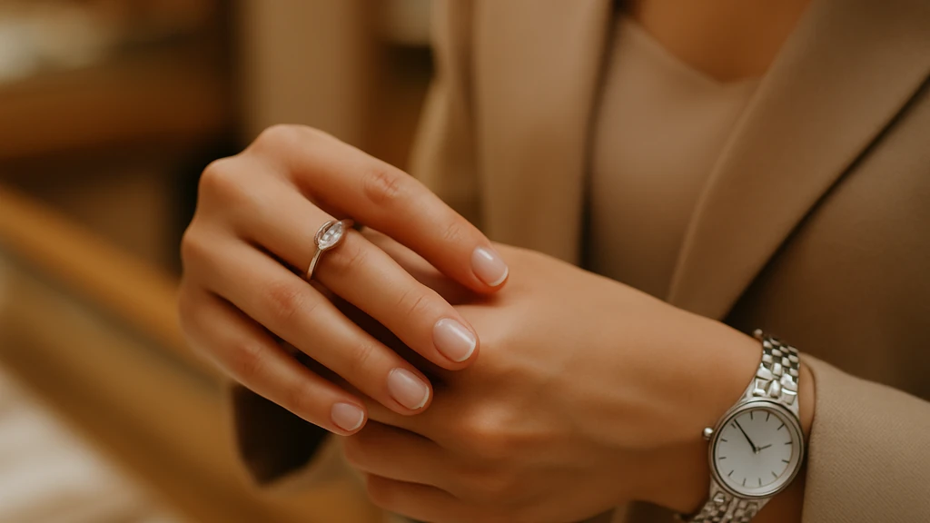 Main portant une bague élégante et une montre argentée, idée pour harmoniser bijoux et horlogerie au quotidien.